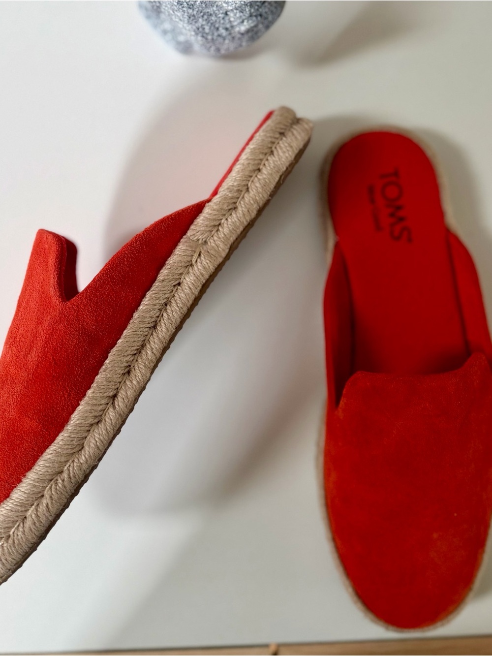 TOMS Red Suede Espadrille Slip-On with Braided Jute Sole